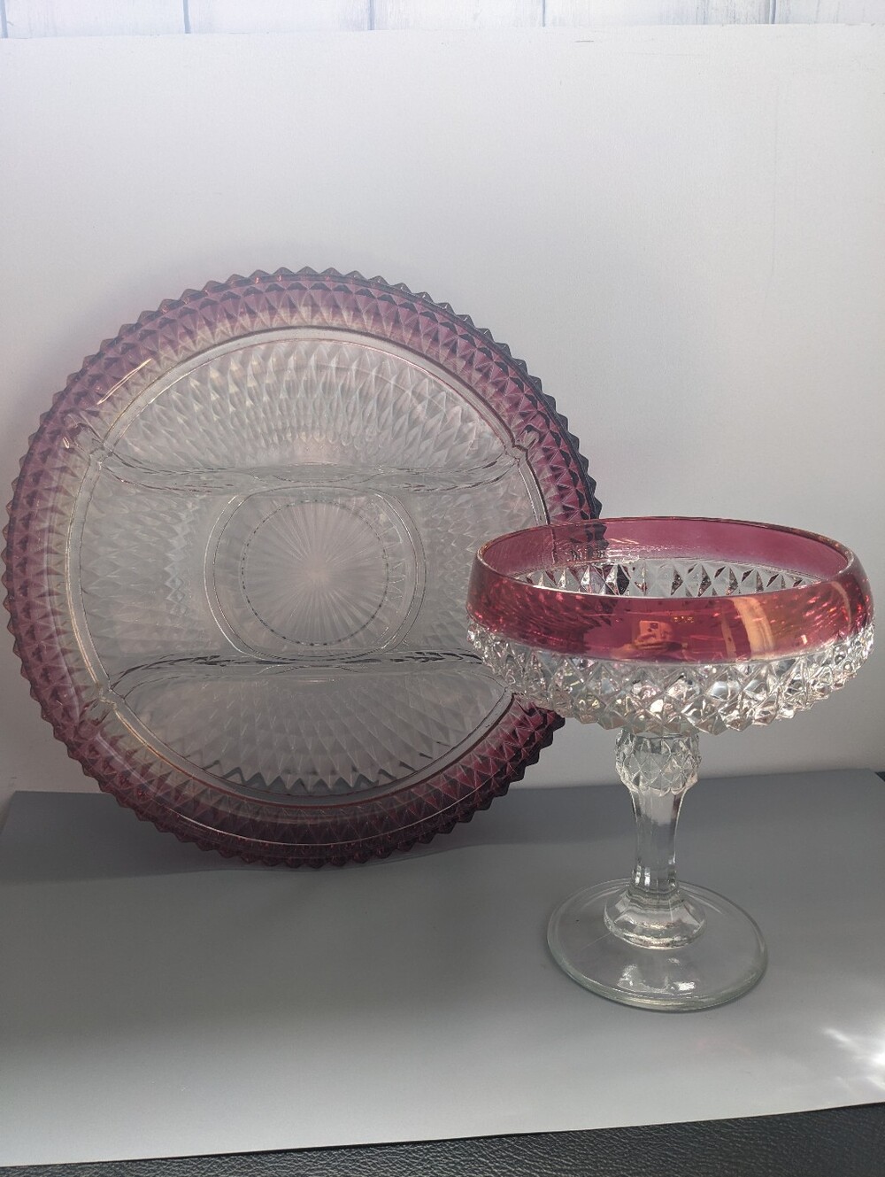Vintage Indiana Glass Diamond Point Ruby Flash Compote And Plate Set